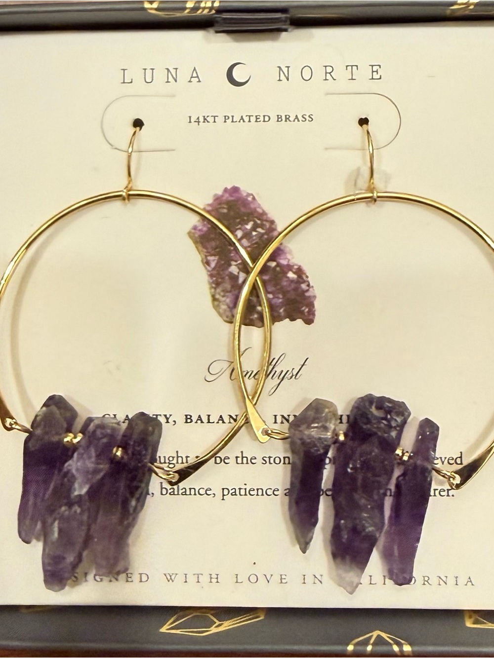 Luna Norte 14K Gold Plated Raw Amethyst Hoop Earrings NWOT